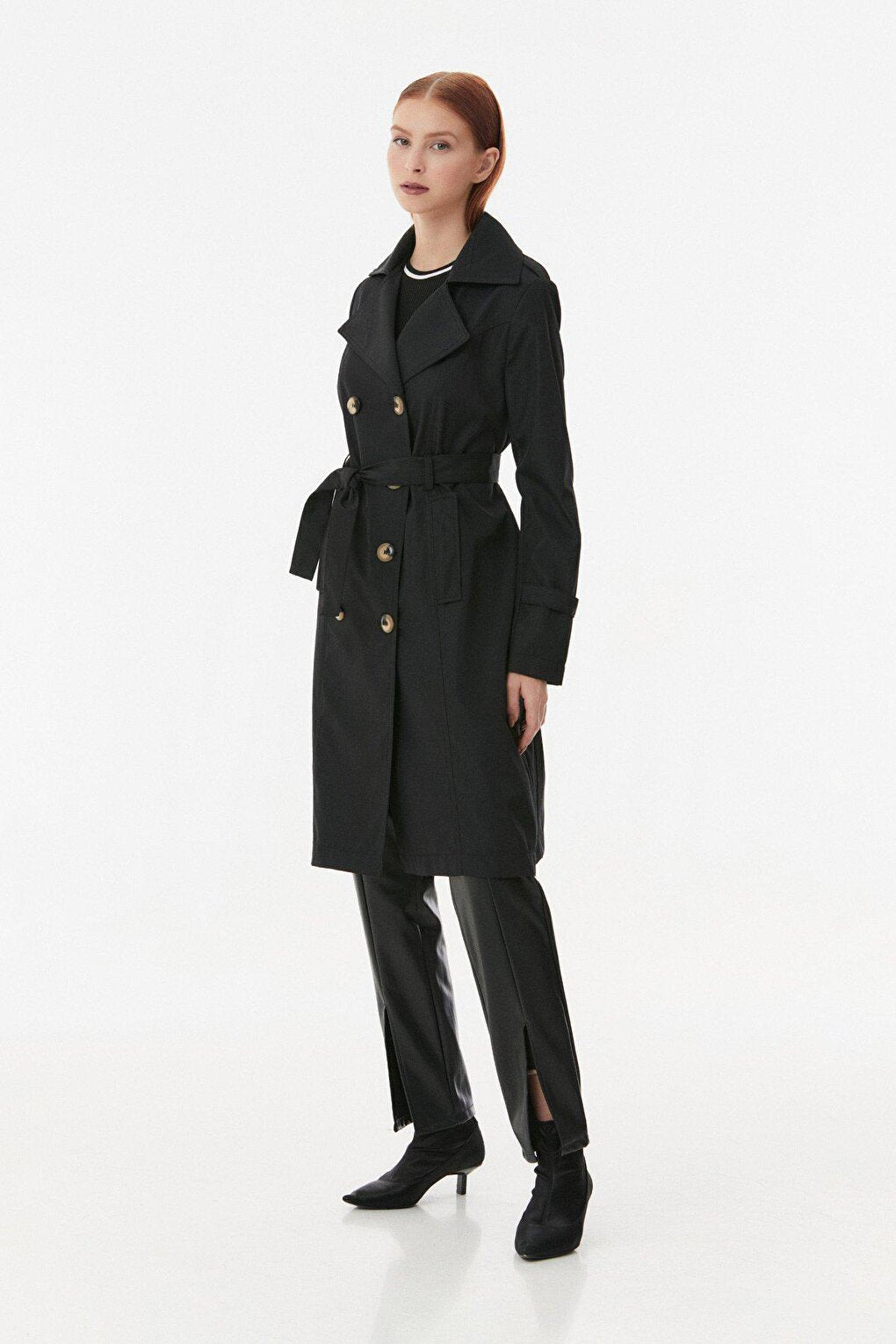 Double Breasted Collar Trench Coat with Tie Waist