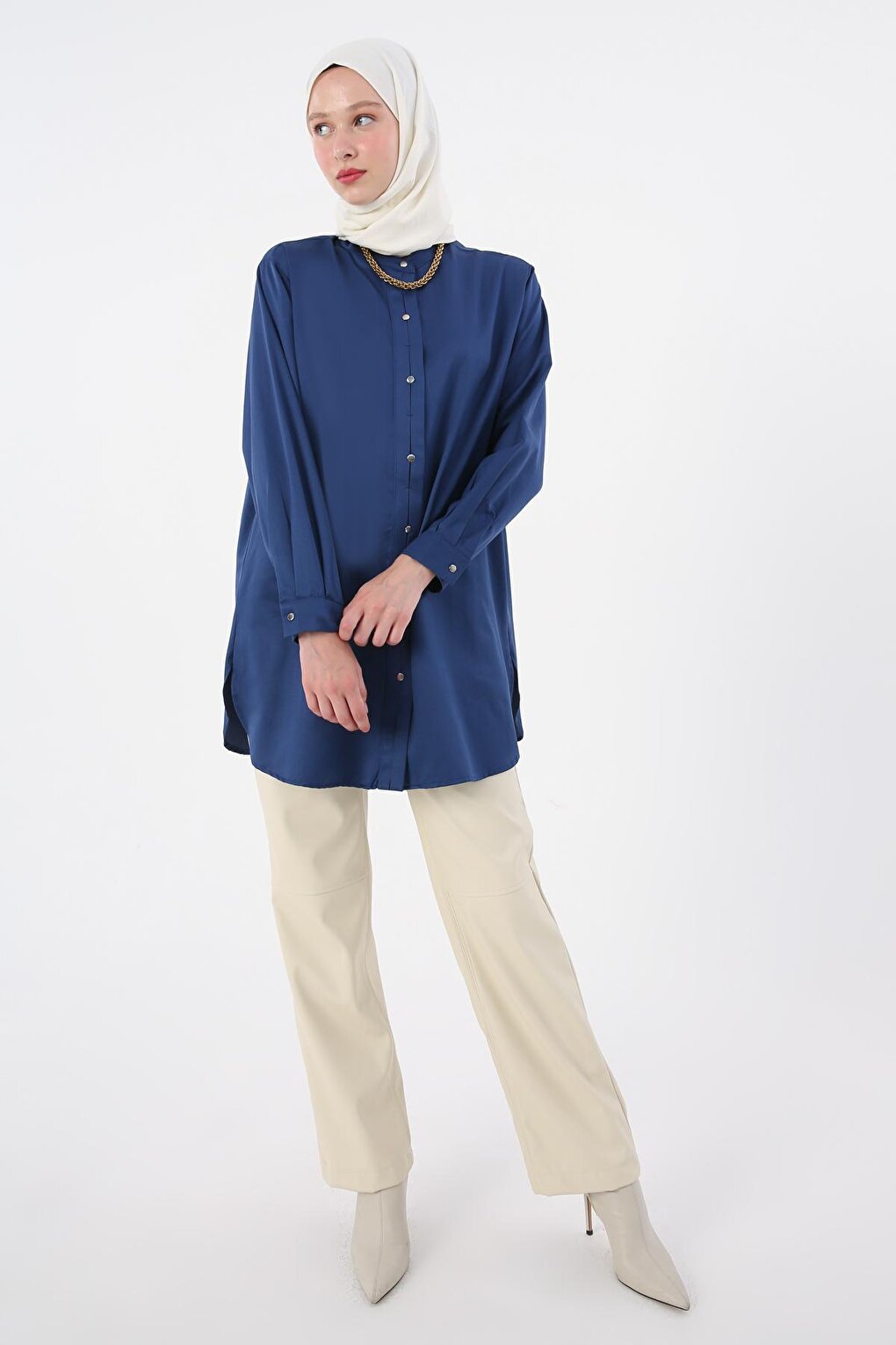 Navy Blue Magnificent Collar Satin Shirt Tunic