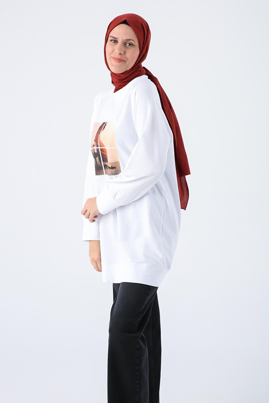 White Photo Printed Sweat Tunic