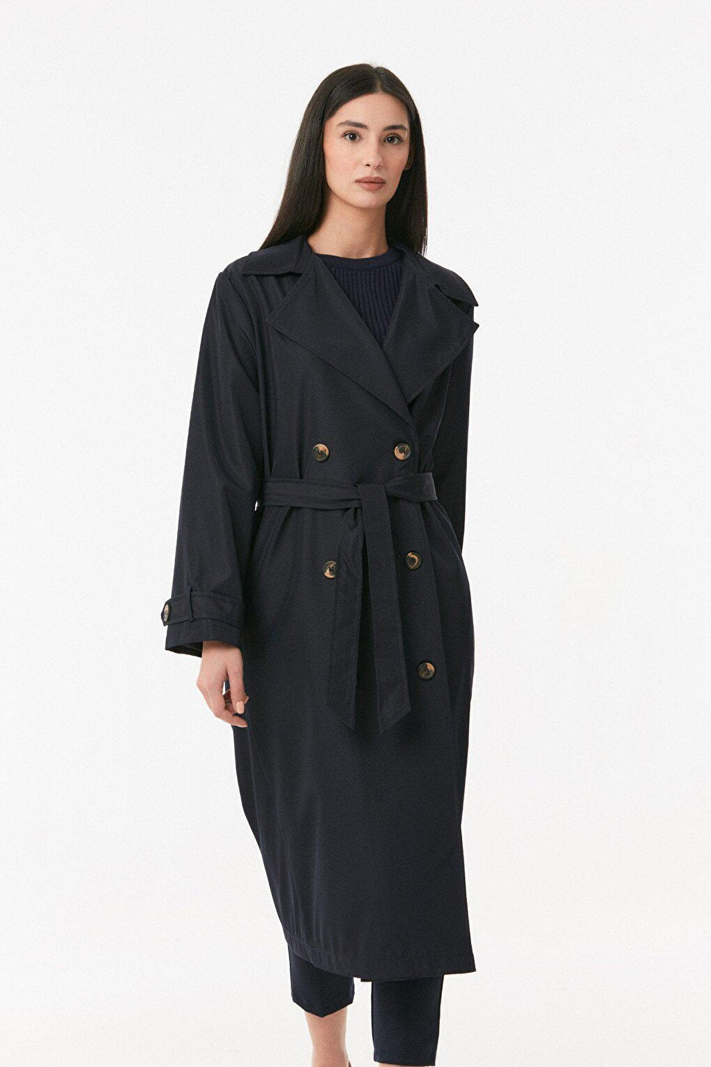 Belted Buttoned Long Trench Coat