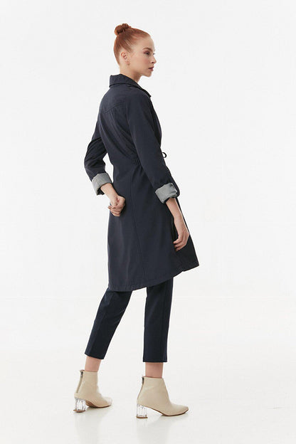 Trench Coat with Folded Sleeves and Elastic Waist