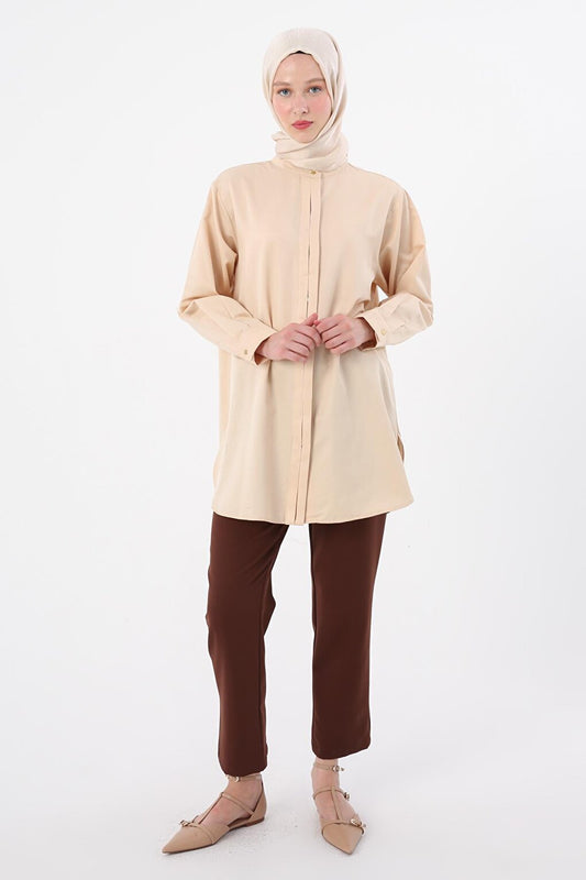 Beige Collar Satin Shirt Tunic