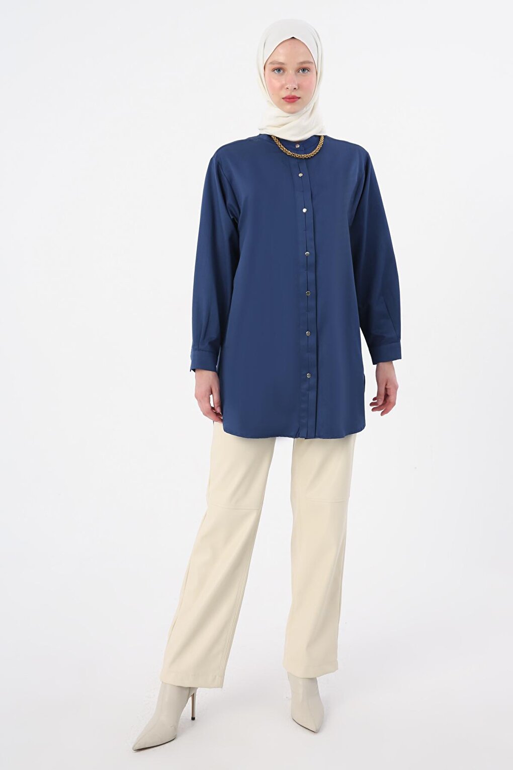 Navy Blue Magnificent Collar Satin Shirt Tunic