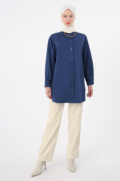 Navy Blue Magnificent Collar Satin Shirt Tunic