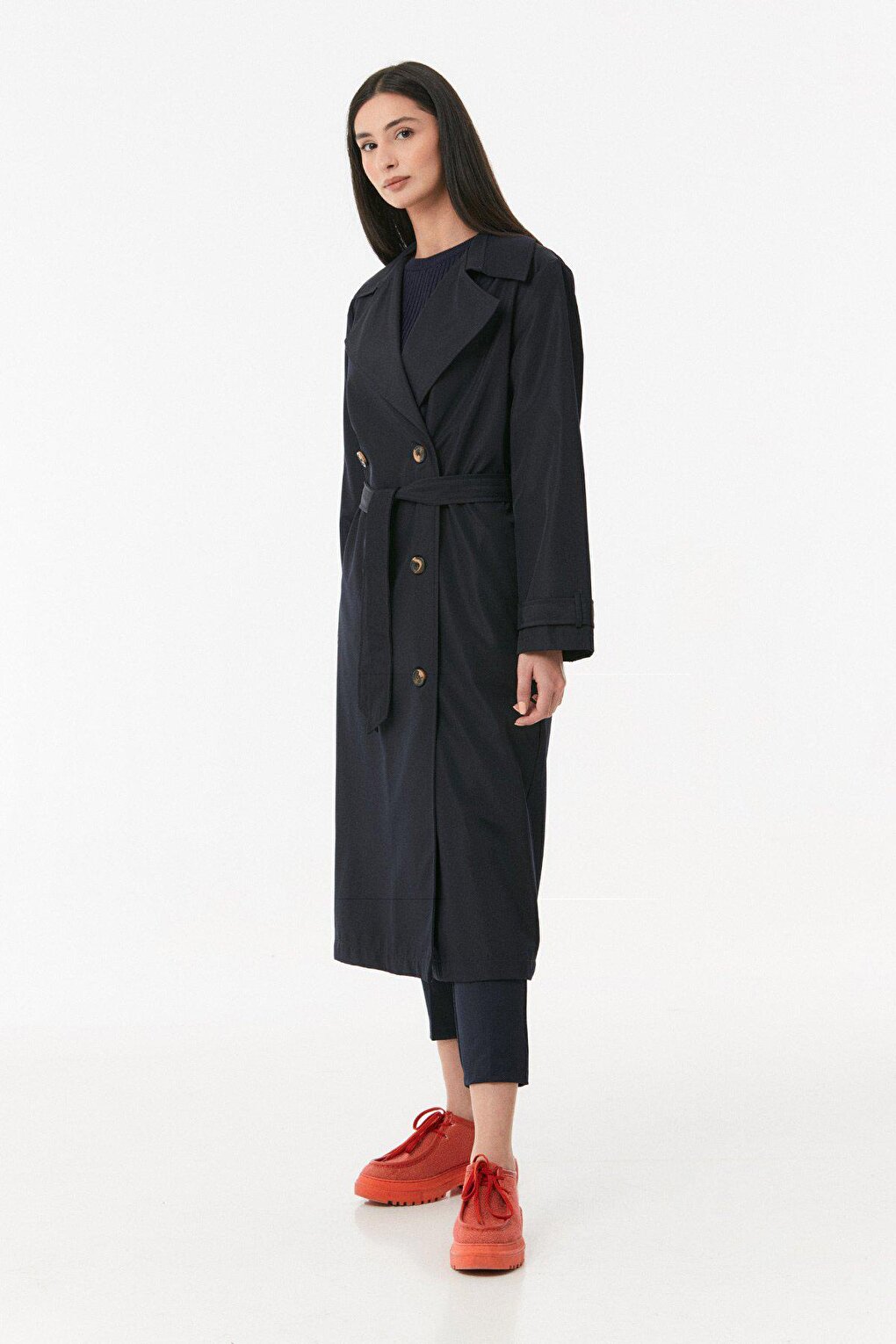 Belted Buttoned Long Trench Coat