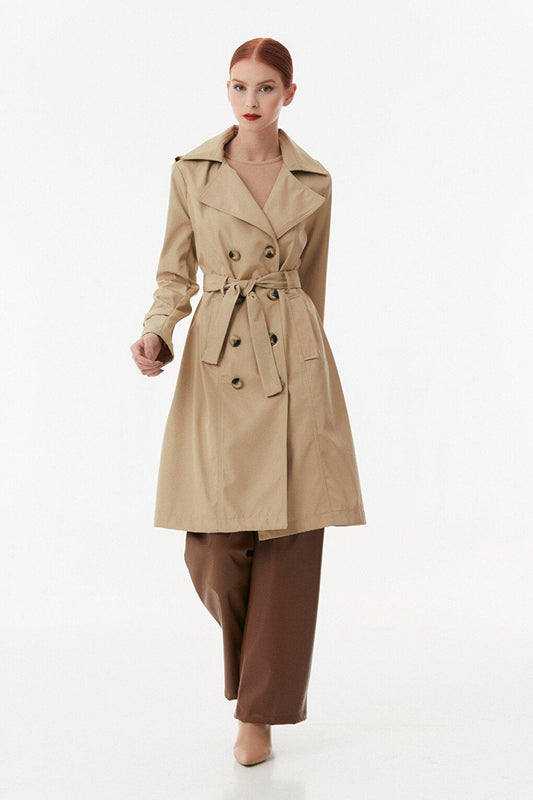 Double Breasted Collar Trench Coat with Tie Waist