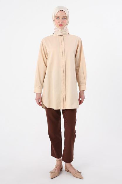 Beige Collar Satin Shirt Tunic