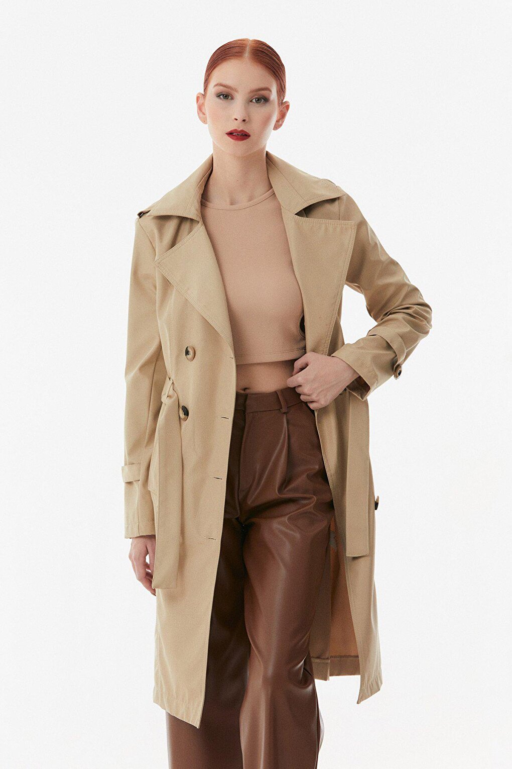 Double Breasted Collar Trench Coat with Tie Waist