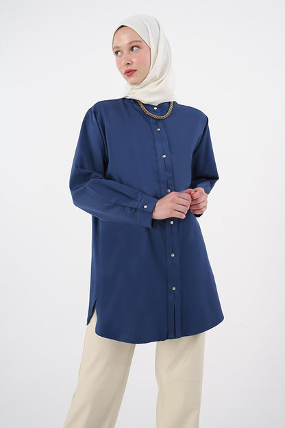 Navy Blue Magnificent Collar Satin Shirt Tunic