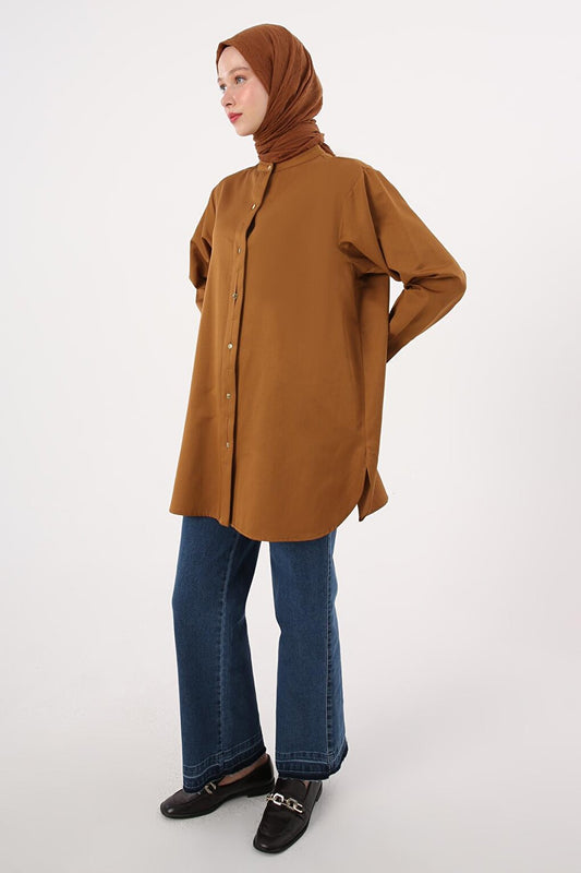 Brown Magnificent Collar Satin Shirt Tunic