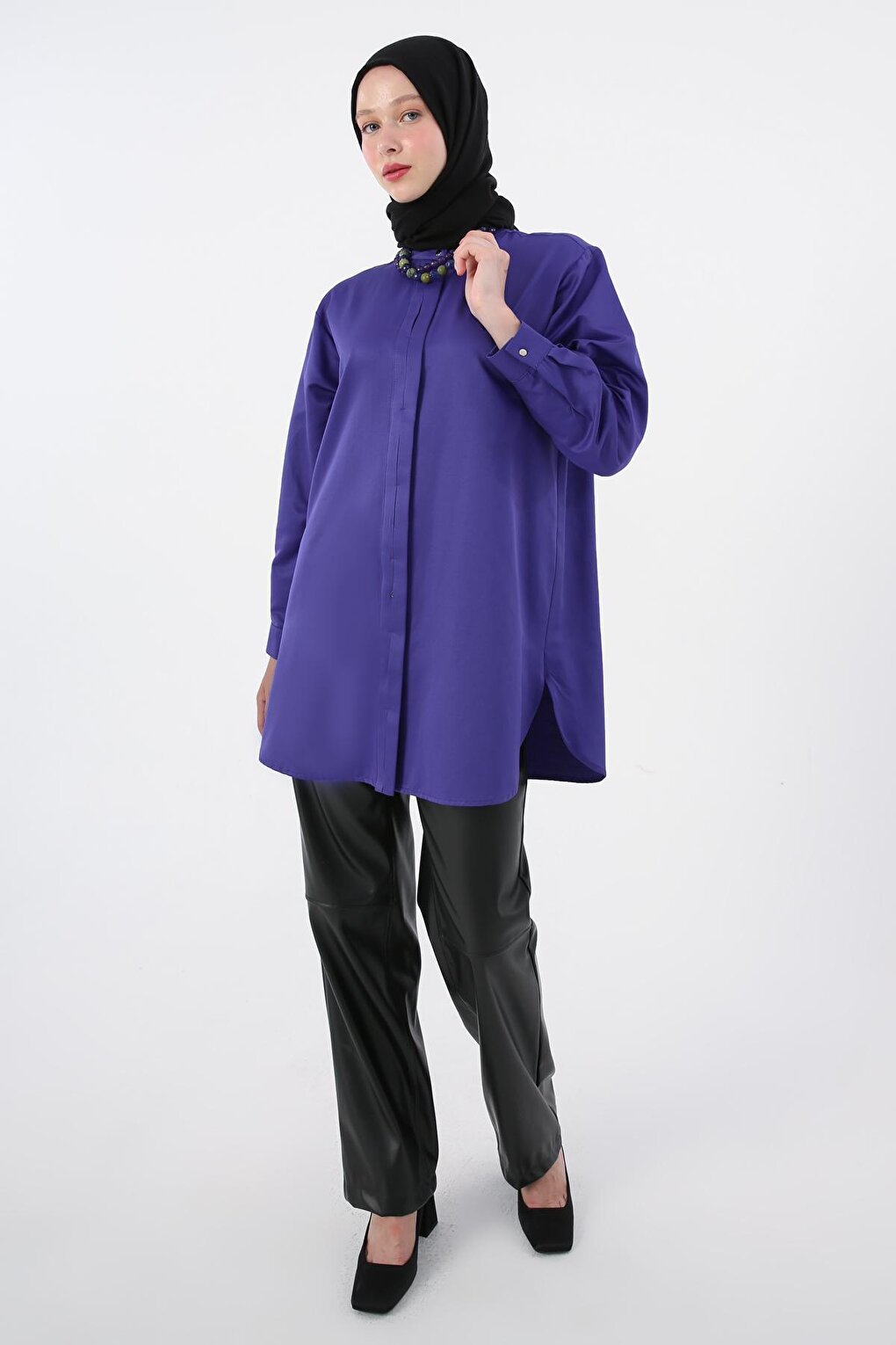 Purple Judge Collar Satin Shirt Tunic