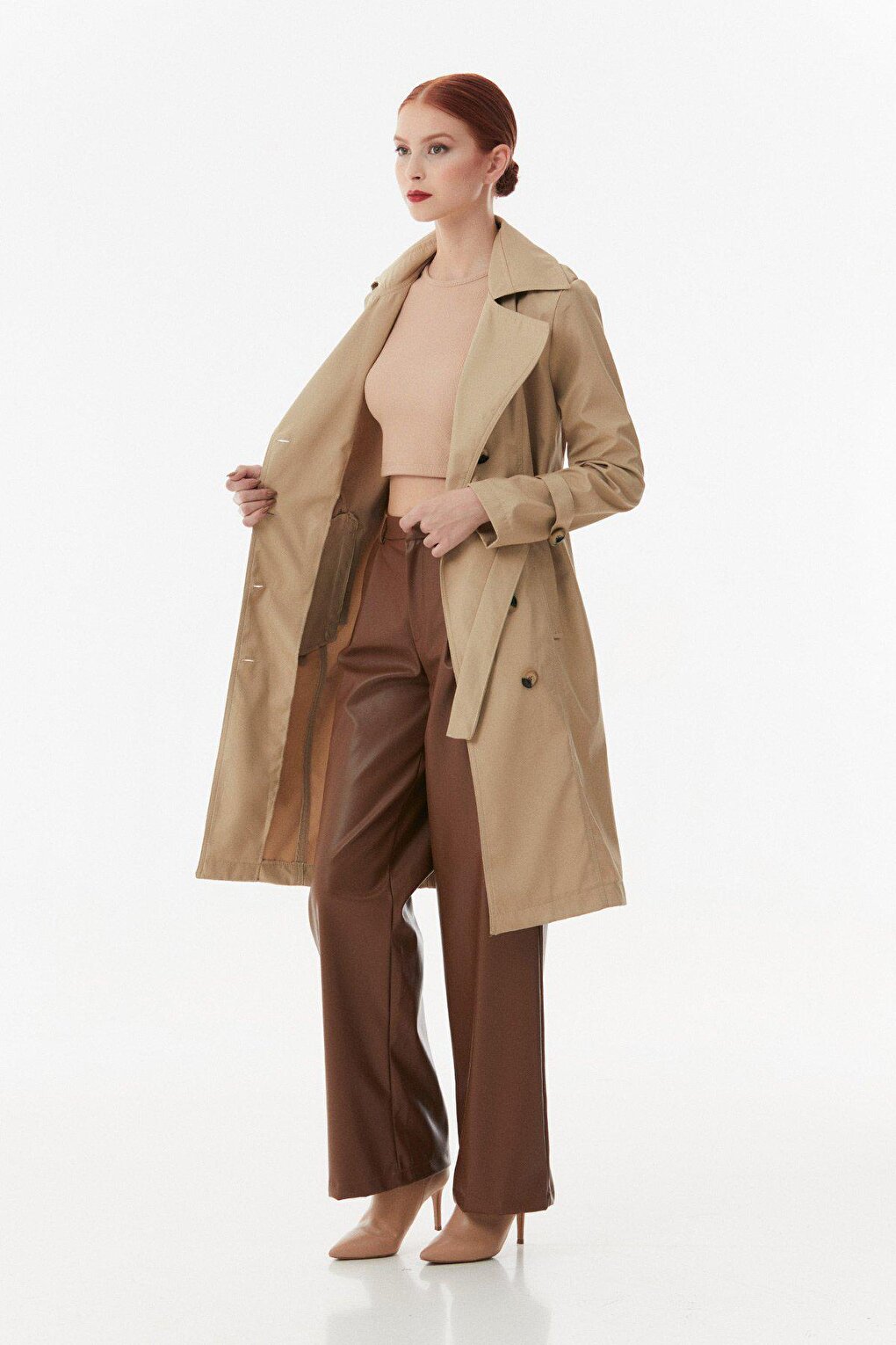 Double Breasted Collar Trench Coat with Tie Waist