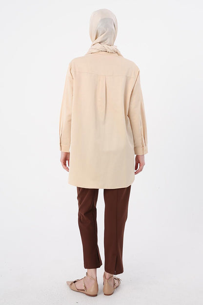 Beige Collar Satin Shirt Tunic