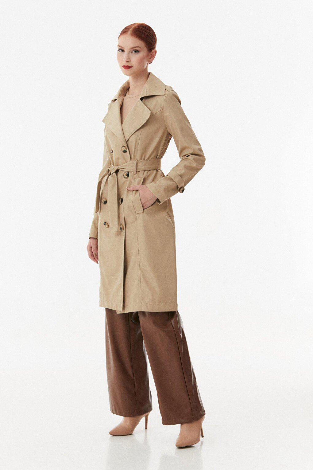 Double Breasted Collar Trench Coat with Tie Waist