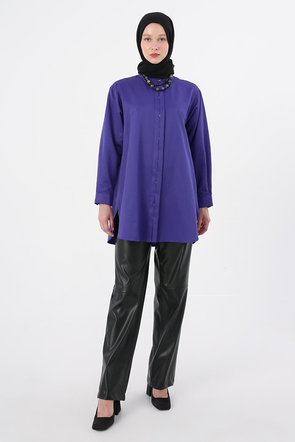 Purple Judge Collar Satin Shirt Tunic