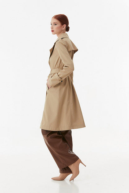 Double Breasted Collar Trench Coat with Tie Waist