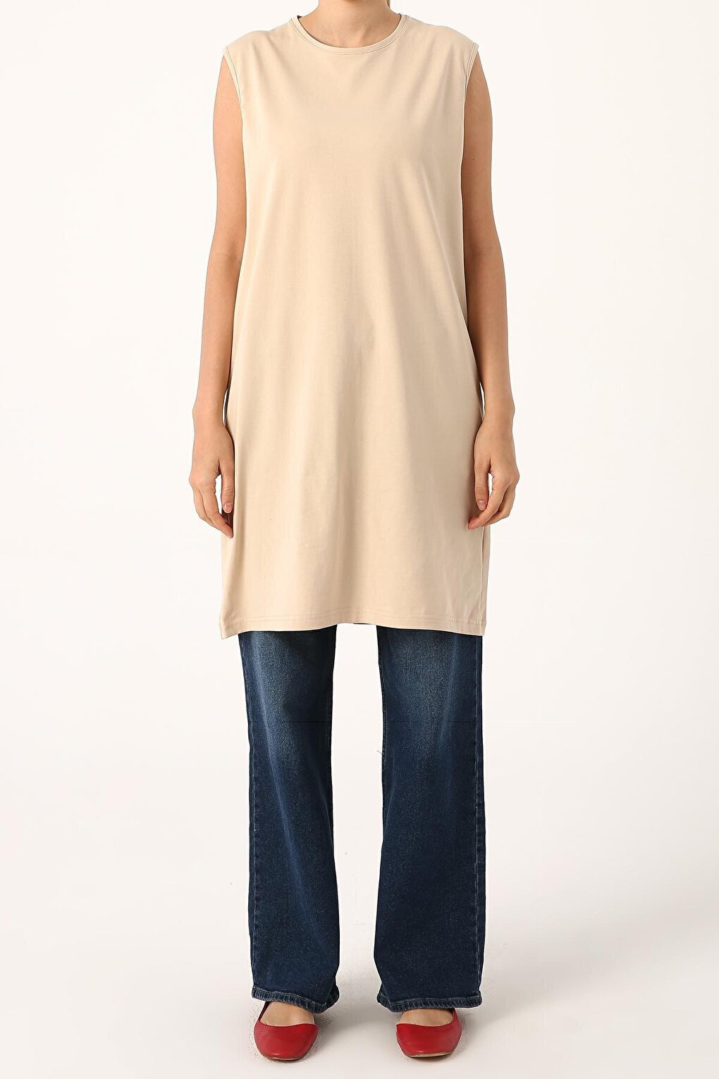 Beige Collar Piping Sleeveless Basic Tunic