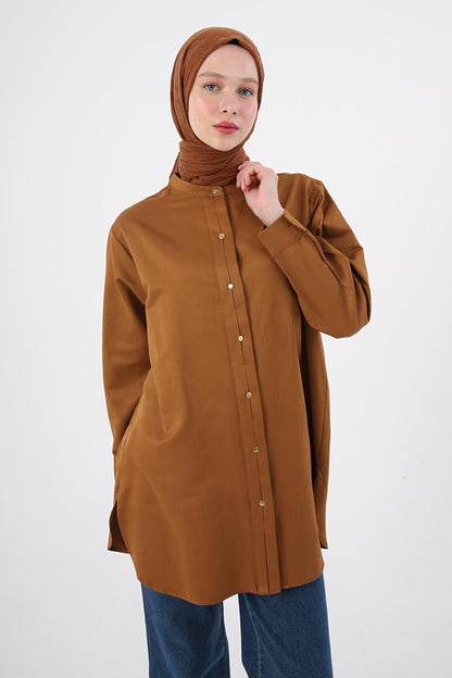 Brown Magnificent Collar Satin Shirt Tunic