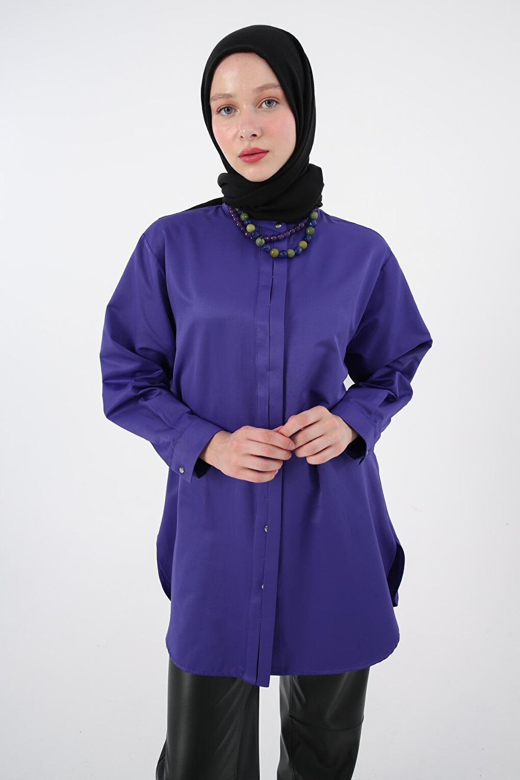 Purple Judge Collar Satin Shirt Tunic