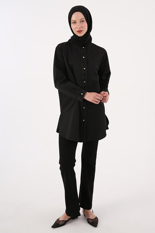 Black Judge Collar Satin Shirt Tunic