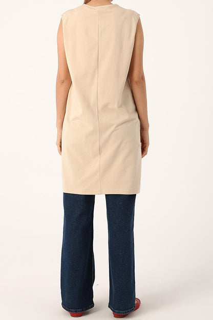 Beige Collar Piping Sleeveless Basic Tunic