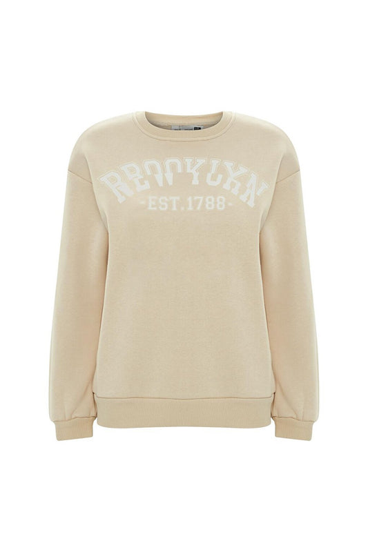 Printed Solid Color Sweatshirt - Beige