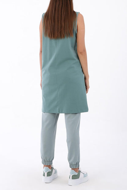 Green Collar Piping Sleeveless Basic Tunic