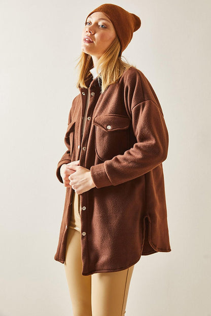 Brown Snap Button &amp; Fleece Shirt with Pockets 4KXK2-47861-18