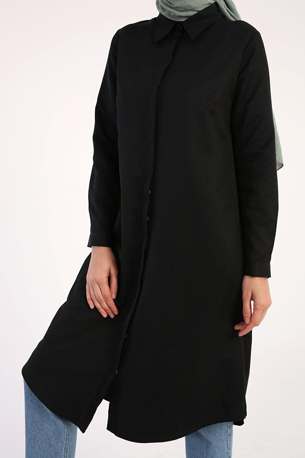 Black Basic Hidden Placket Long Shirt