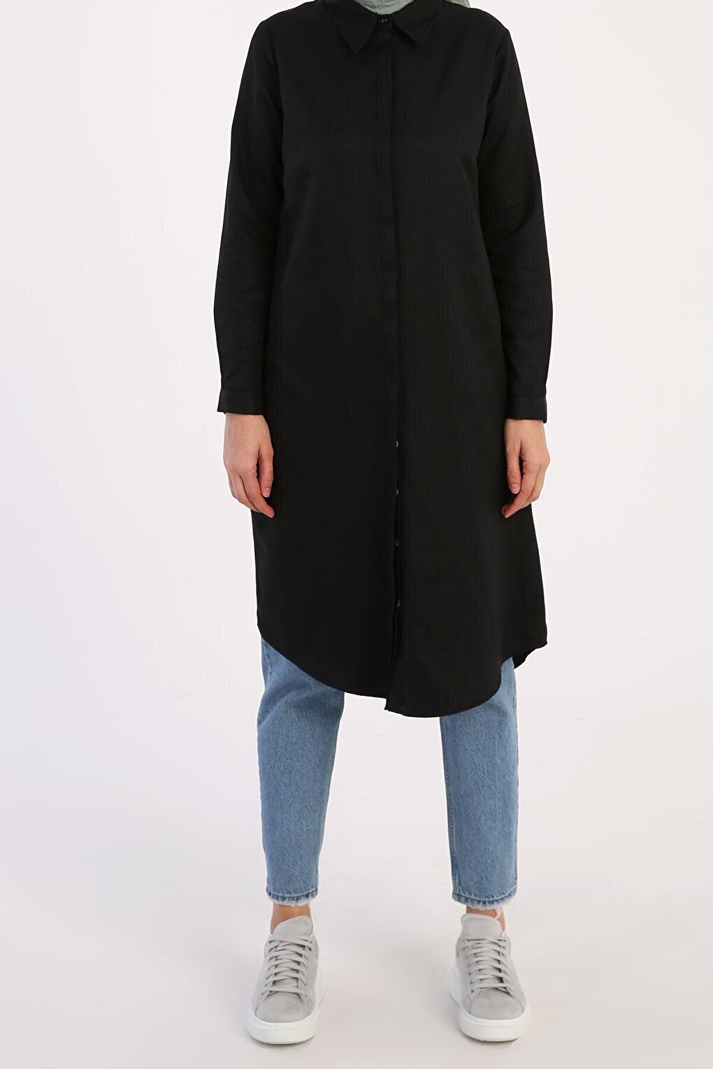 Black Basic Hidden Placket Long Shirt