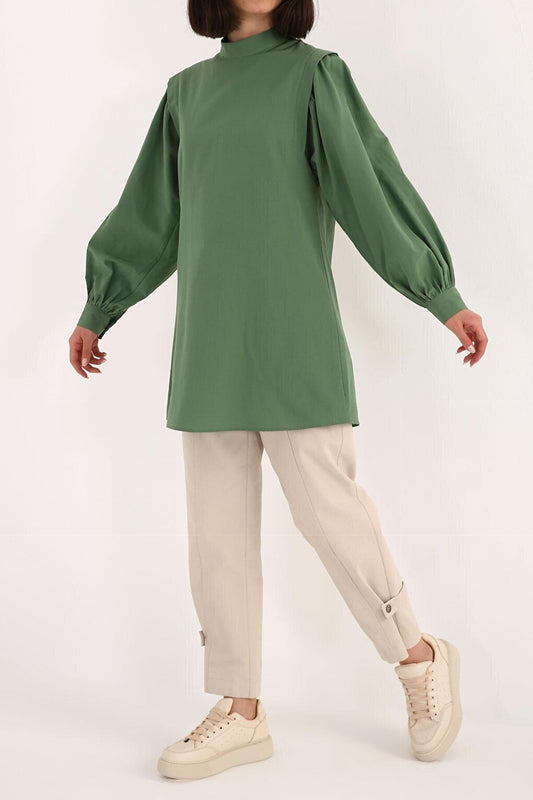 Green Shoulder Pleat Detailed Balloon Sleeve Tunic