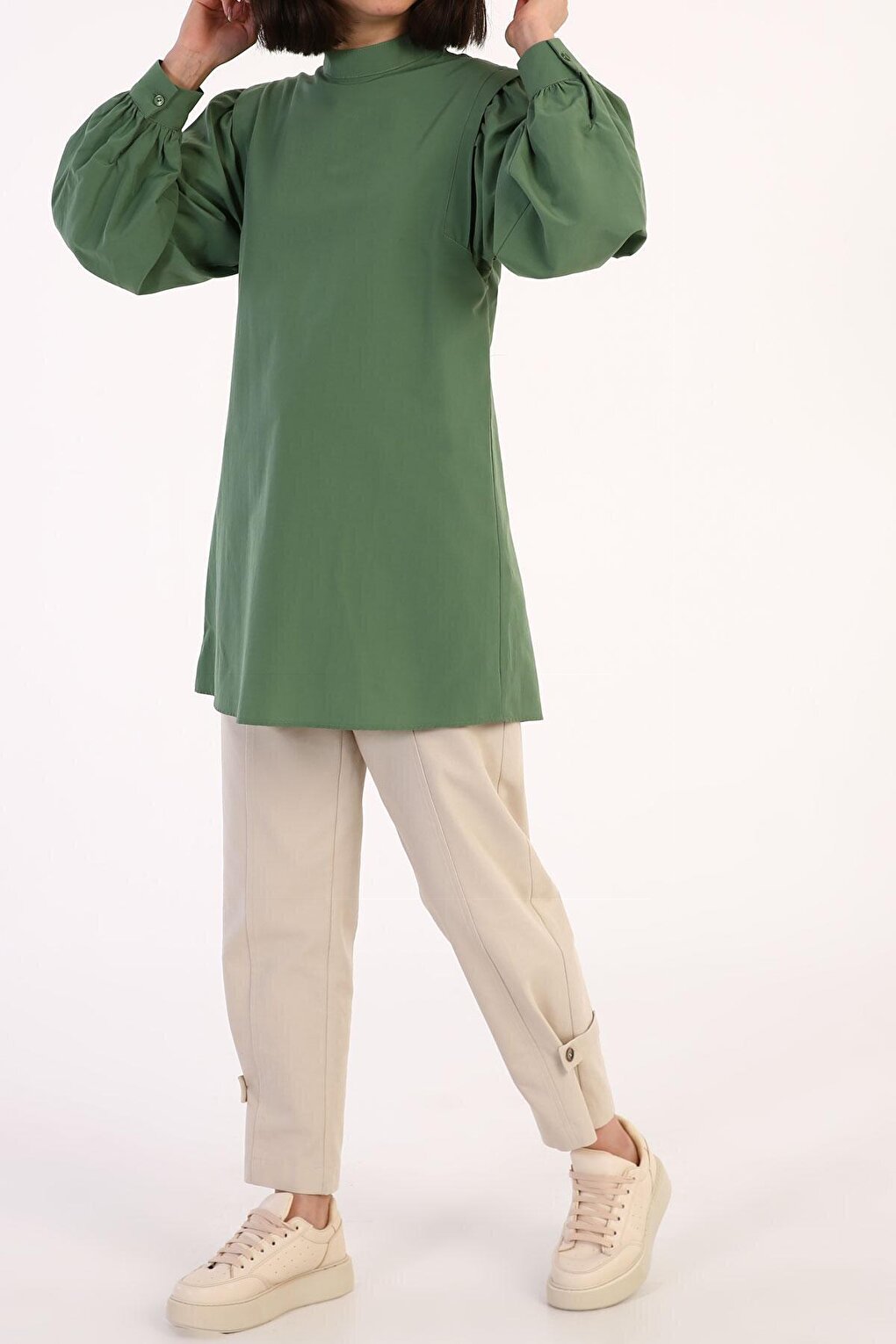 Green Shoulder Pleat Detailed Balloon Sleeve Tunic