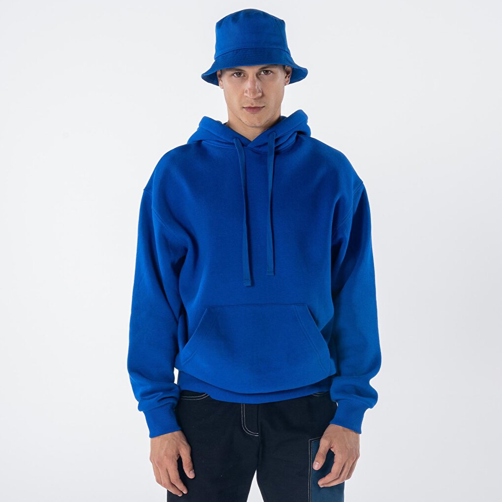 Agar Men's Saks Blue Kangaroo Pocket Hooded Oversize Hoodie Sweatshirt