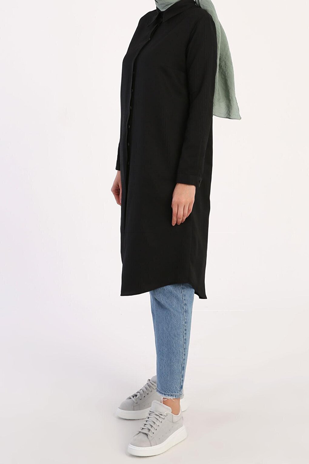 Black Basic Hidden Placket Long Shirt