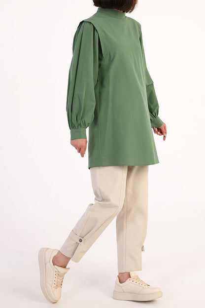 Green Shoulder Pleat Detailed Balloon Sleeve Tunic