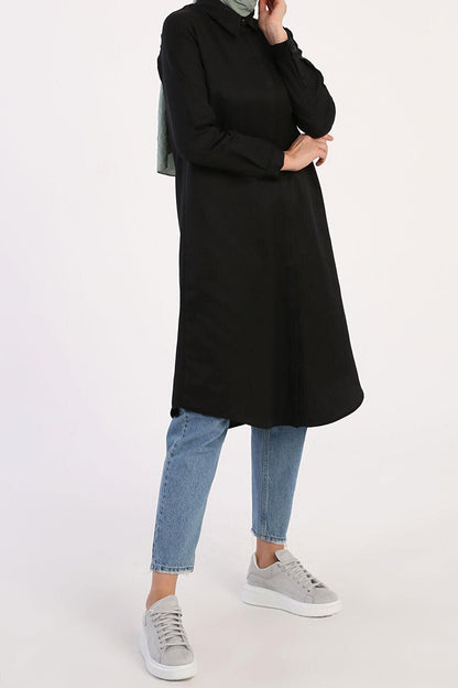 Black Basic Hidden Placket Long Shirt