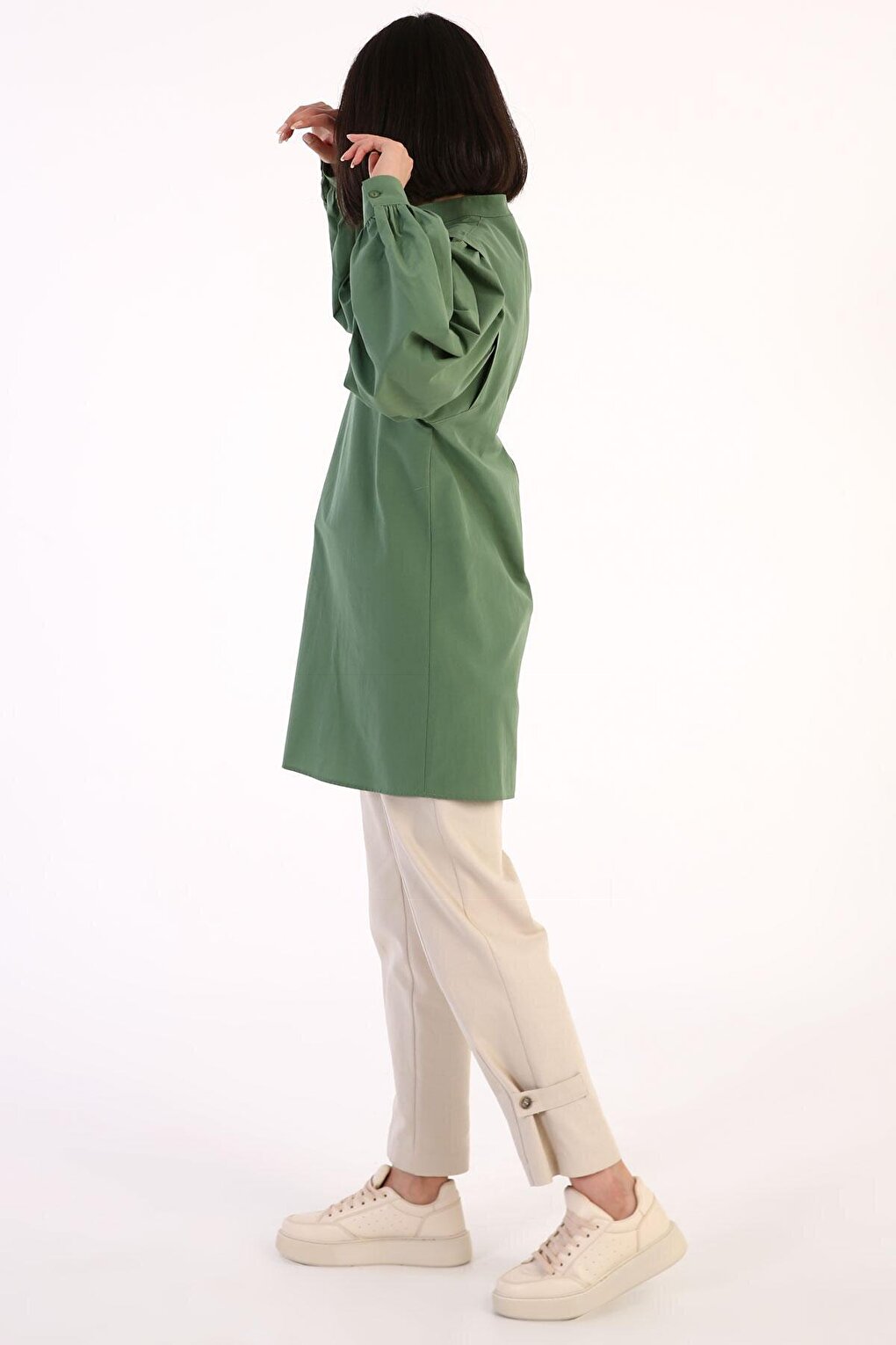 Green Shoulder Pleat Detailed Balloon Sleeve Tunic