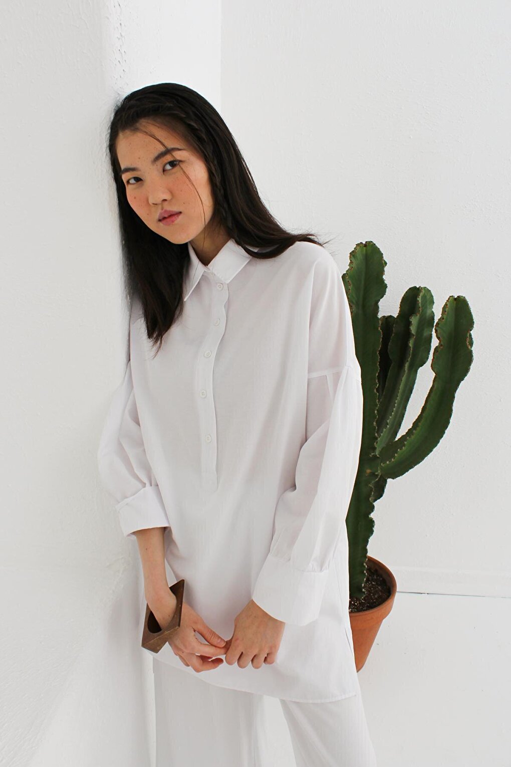 White Sleeve Pleated Comfortable Fit Tunic