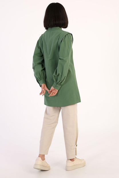 Green Shoulder Pleat Detailed Balloon Sleeve Tunic