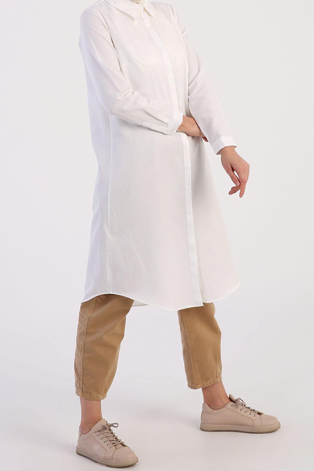 Ecru Basic Hidden Placket Long Shirt