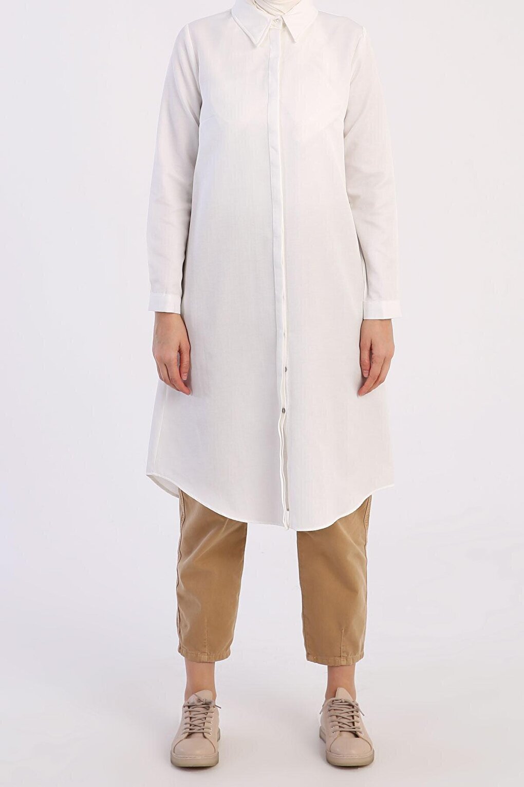 Ecru Basic Hidden Placket Long Shirt