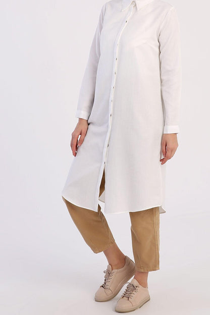 Ecru Basic Hidden Placket Long Shirt