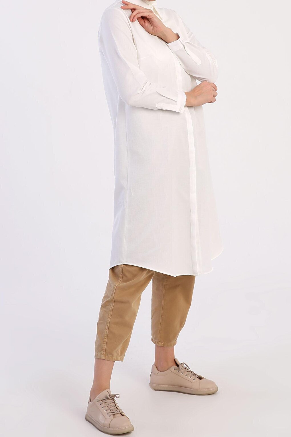 Ecru Basic Hidden Placket Long Shirt