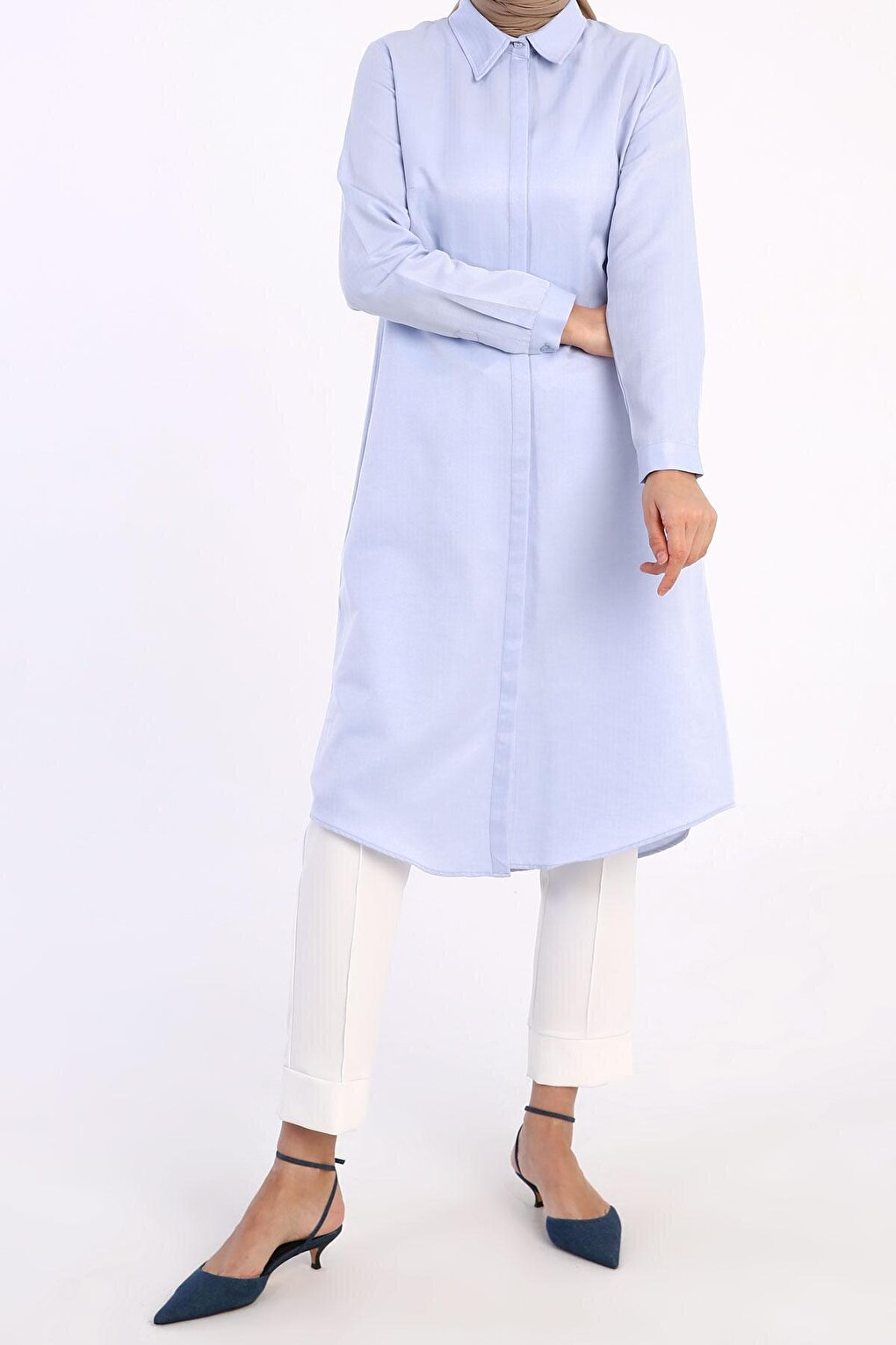 Blue Basic Hidden Placket Long Shirt