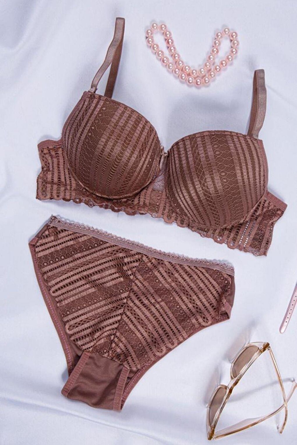 Brown Patterned Underwire Padded Women's Underwear Set