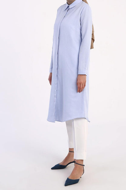 Blue Basic Hidden Placket Long Shirt