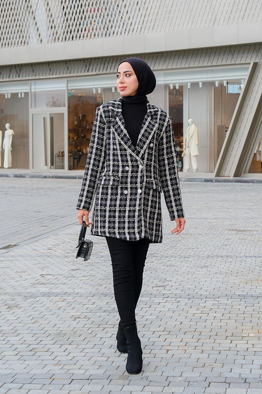 Ethnic Pattern Tweed Blazer Jacket Black