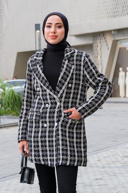 Ethnic Pattern Tweed Blazer Jacket Black