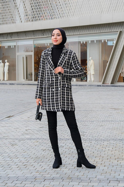 Ethnic Pattern Tweed Blazer Jacket Black