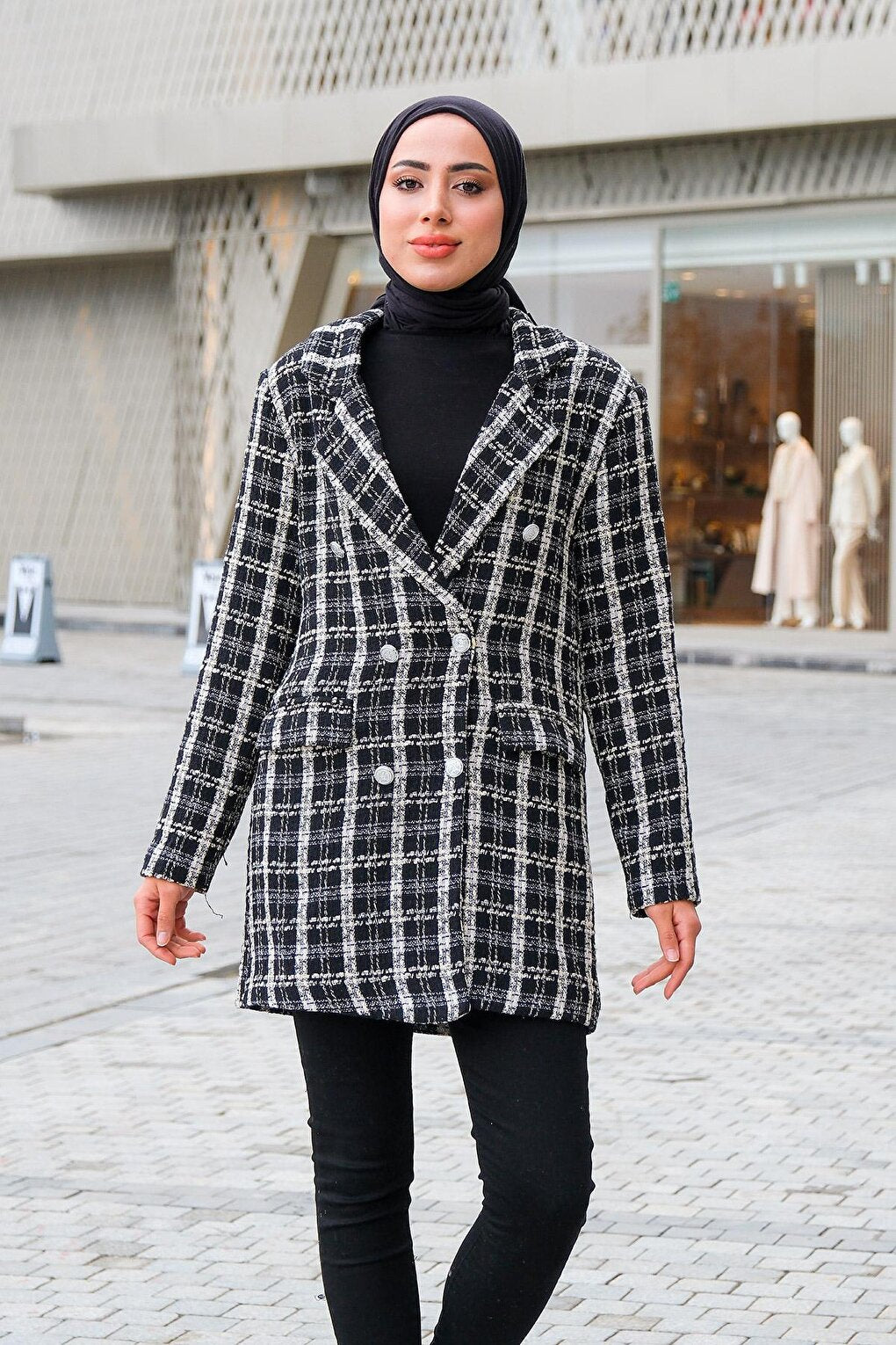 Ethnic Pattern Tweed Blazer Jacket Black